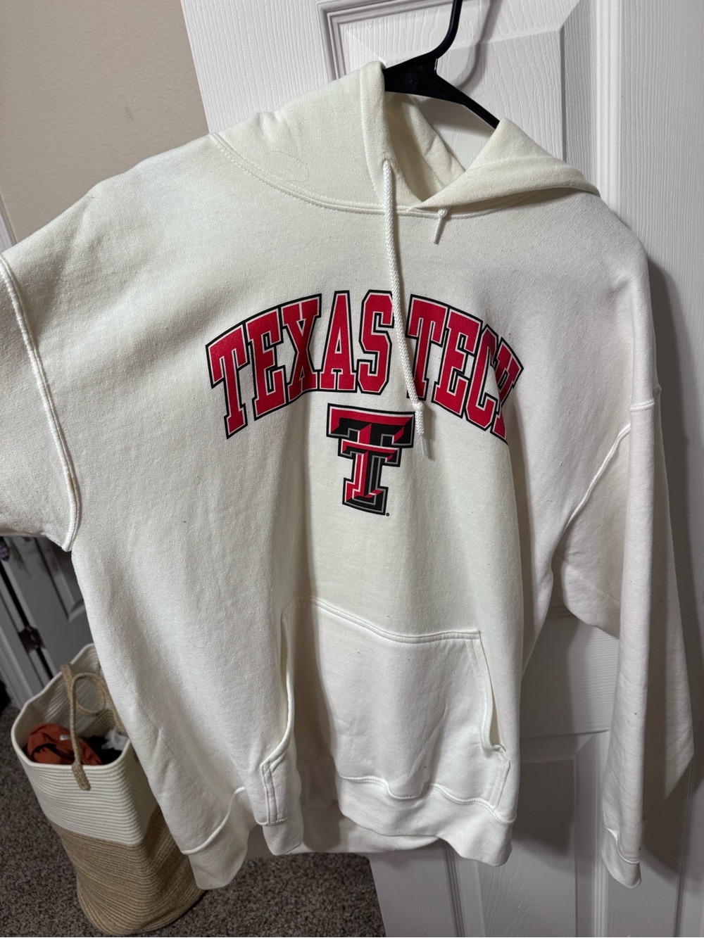 Gildan Cream Crewneck Hoodie with Red Texas Tech Logo